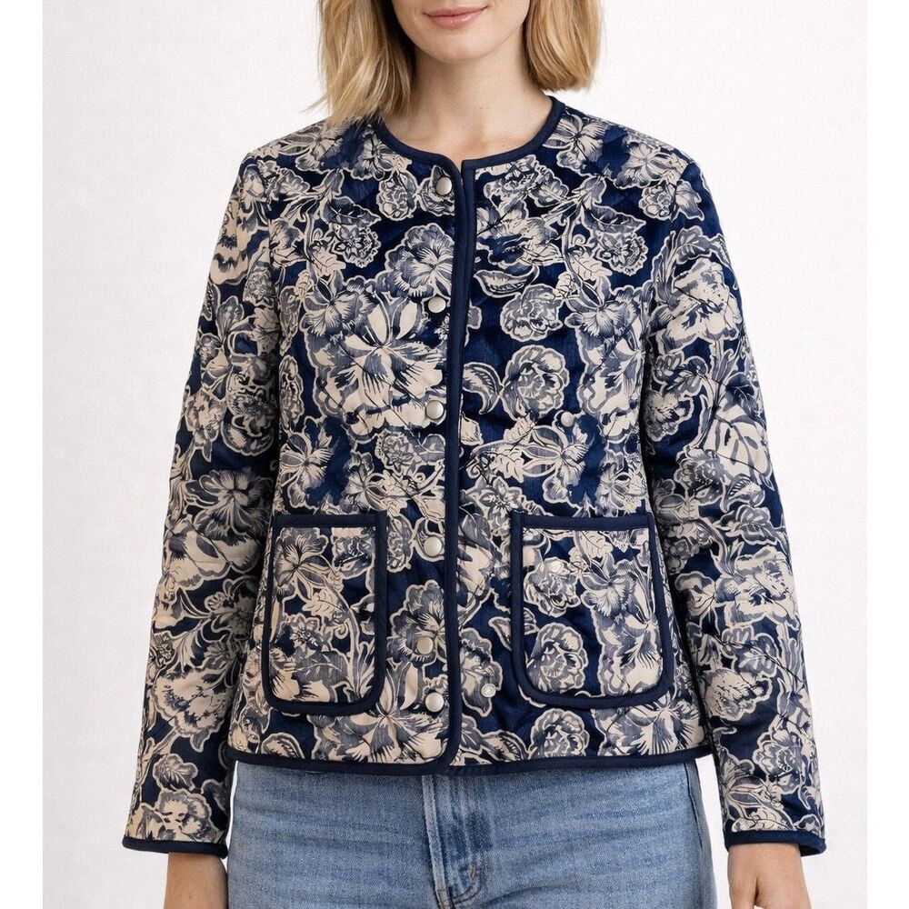 Rachel Zoe blue floral cotton quilted jacket size small
